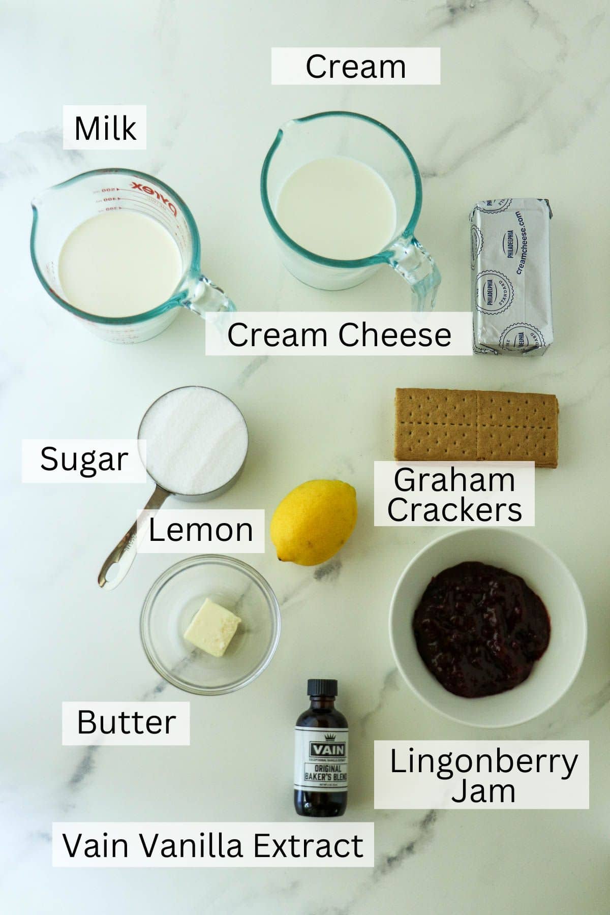 Labeled ingredients for Lingonberry Cheesecake Ice Cream.