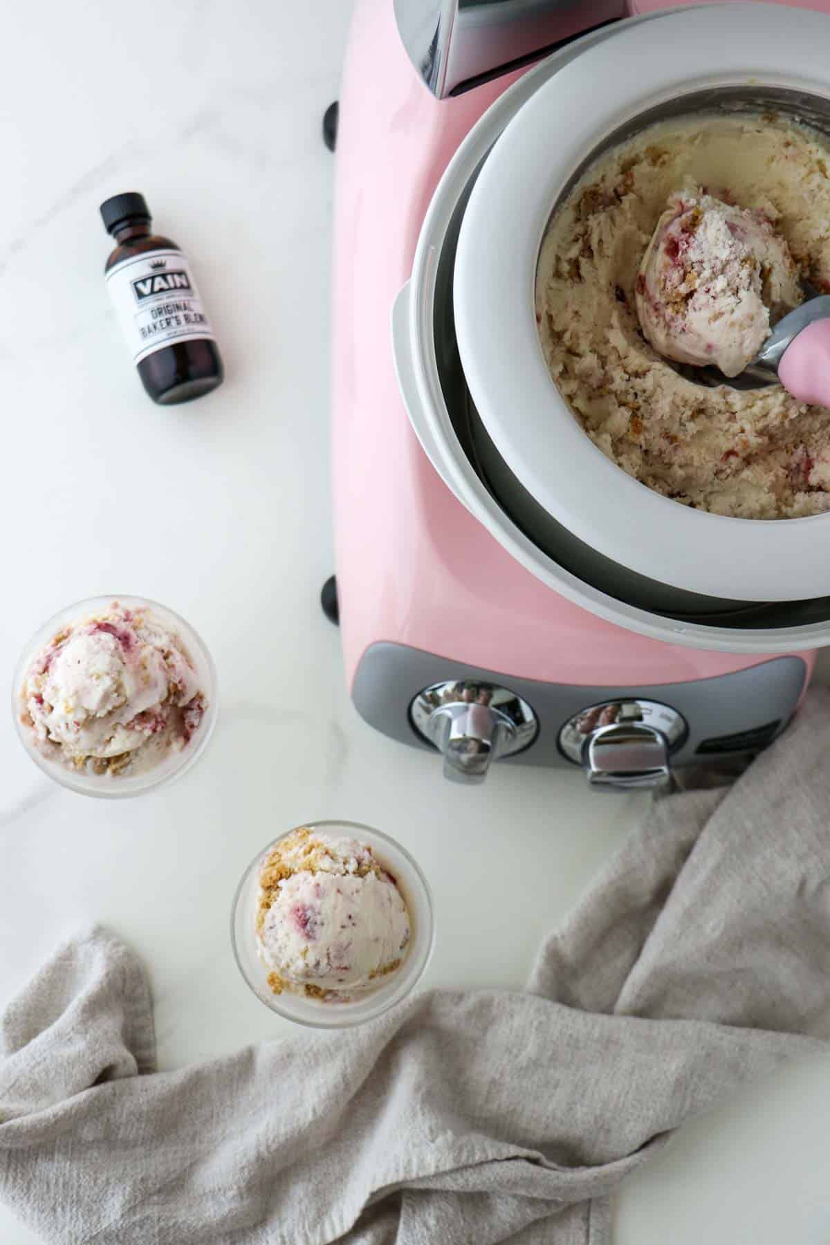 Ankarsrum mixer with vanilla and two dishes of ice cream.