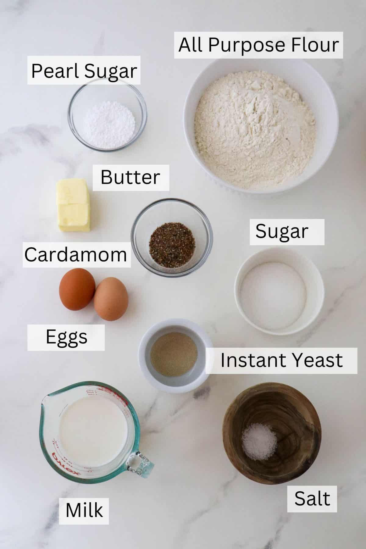 Labeled ingredients for Cardamom Bread (Finnish Pulla).
