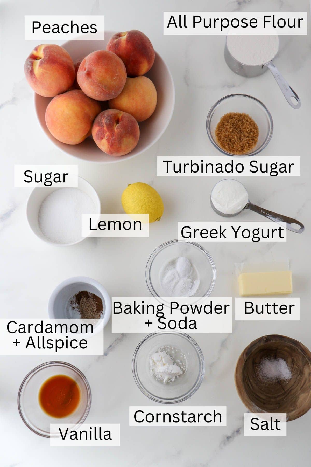 Labeled ingredients for Cardamom Peach Cobbler.
