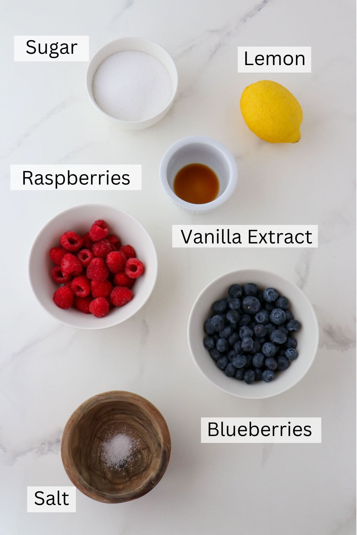 Labeled ingredients for Swedish Queen's Jam (Blueberry Raspberry Jam).