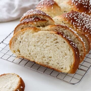 Sugar-topped Cardamom Bread (Finnish Pulla) on a colling rack.