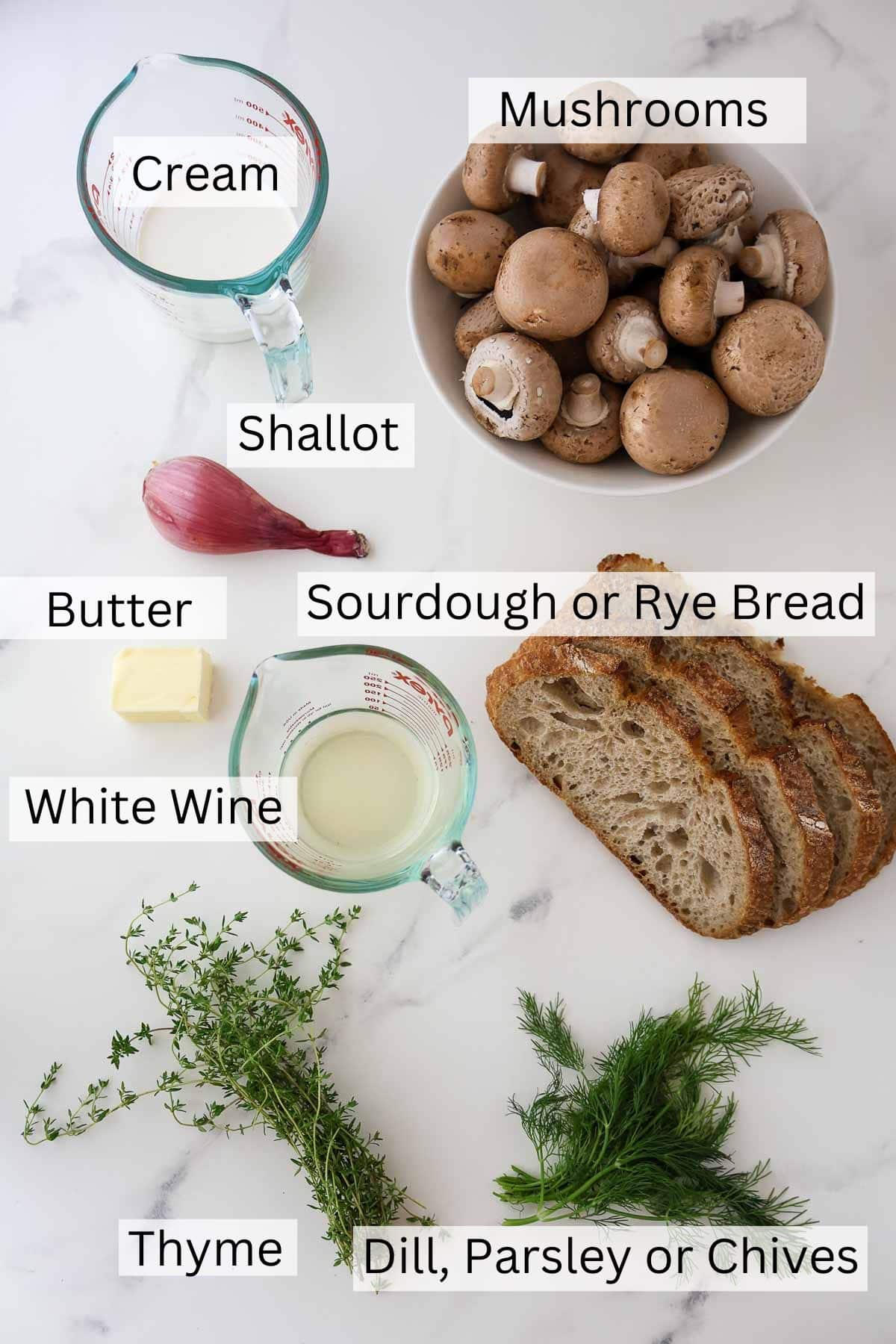 Labeled ingredients for Scandinavian Mushroom Toast.