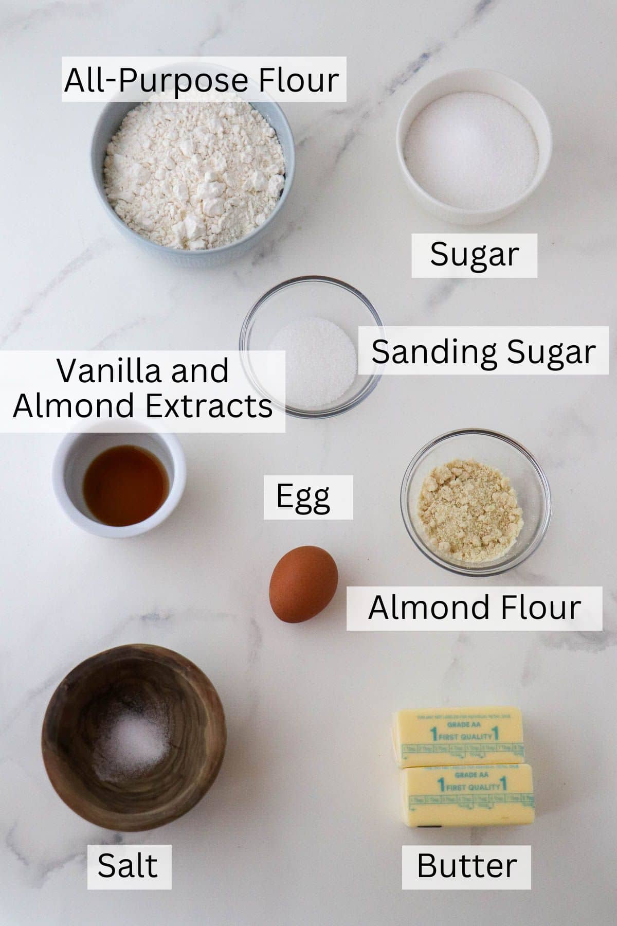Labeled ingredients for Danish Butter Cookies (Valiljekranse).