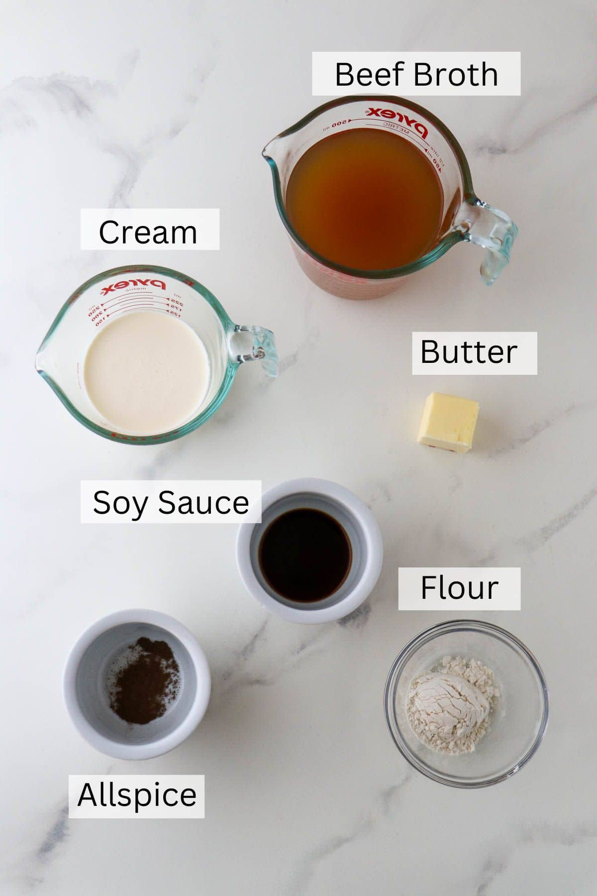 Labeled ingredients for Danish Meatloaf gravy.