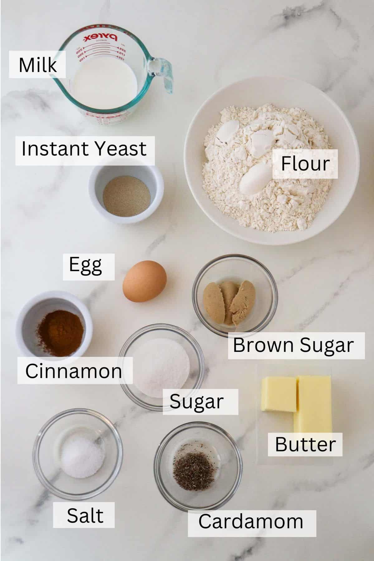 Labeled ingredients for Norwegian Cinnamon Buns (Skillingsboller).