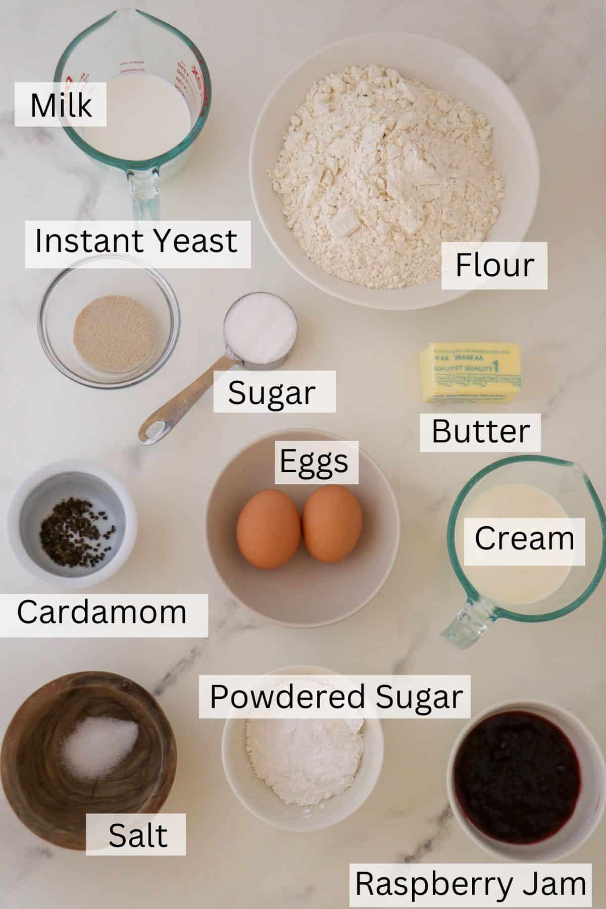 Labeled ingredients for Fastelavnsboller (Norwegian Lenten Buns).