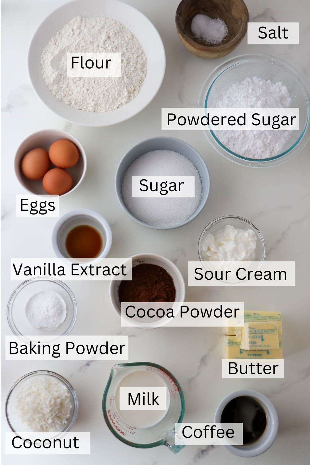Labeled ingredients for Swedish Love Cake (Kärleksmums).