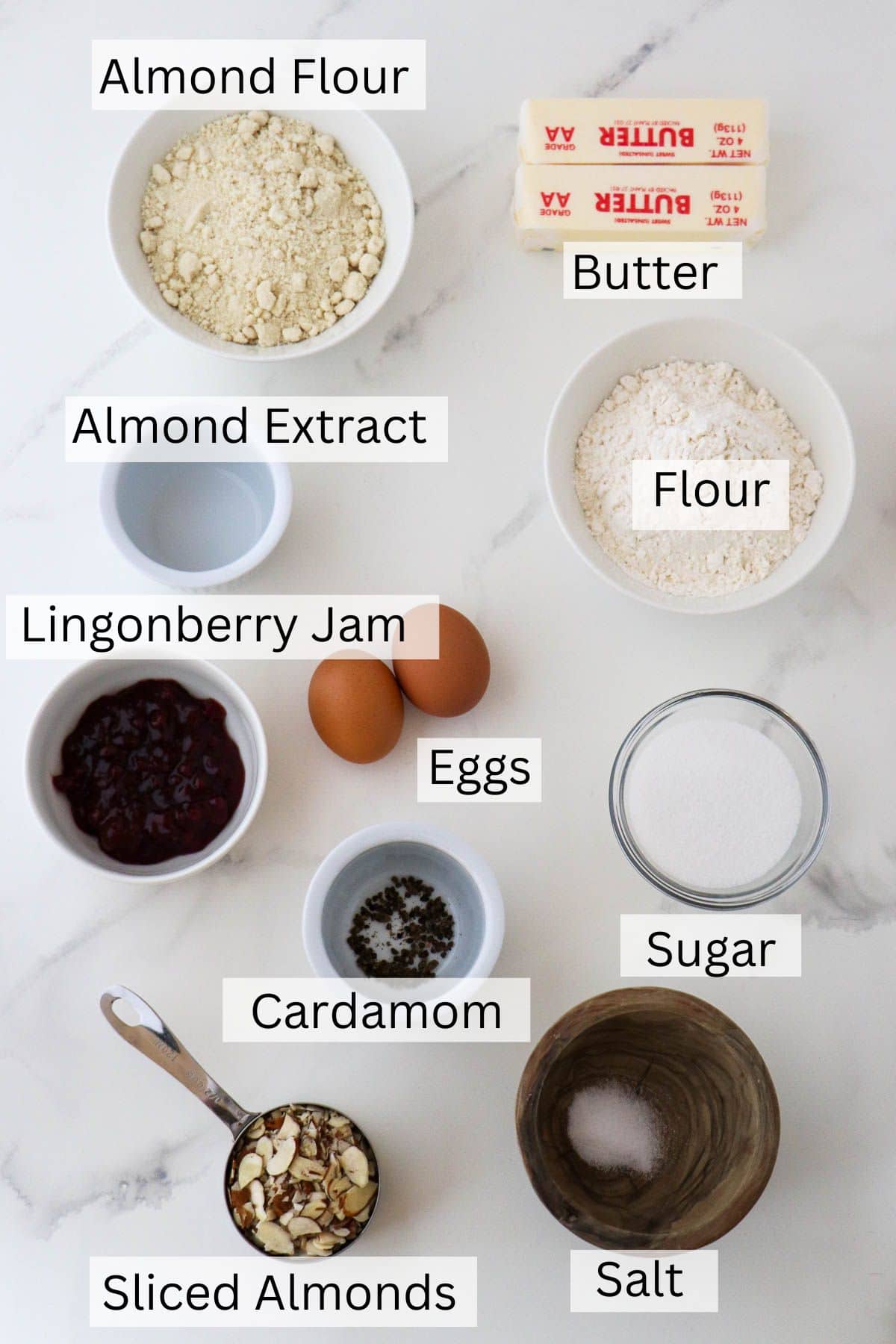 Labeled ingredients for Lingonberry Almond Tart.