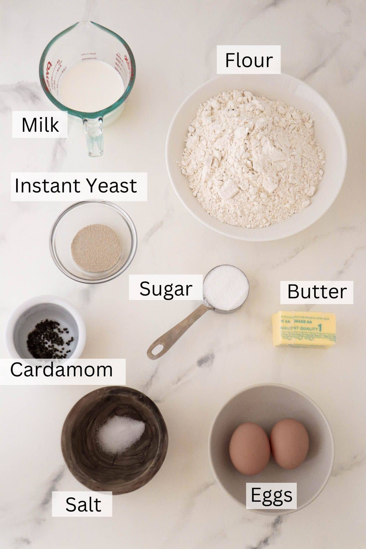 Labeled ingredients for Norwegian Skoleboller.