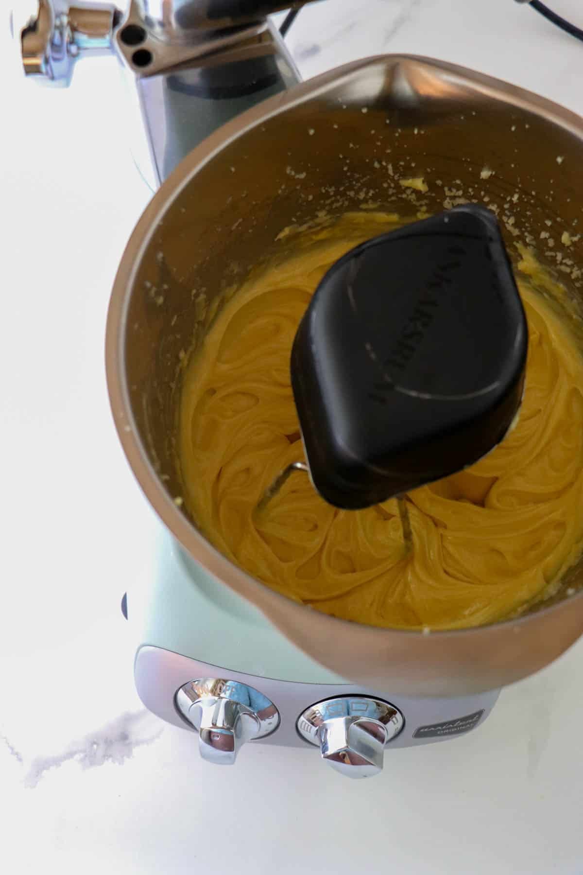 Choux paste in a mixing bowl.