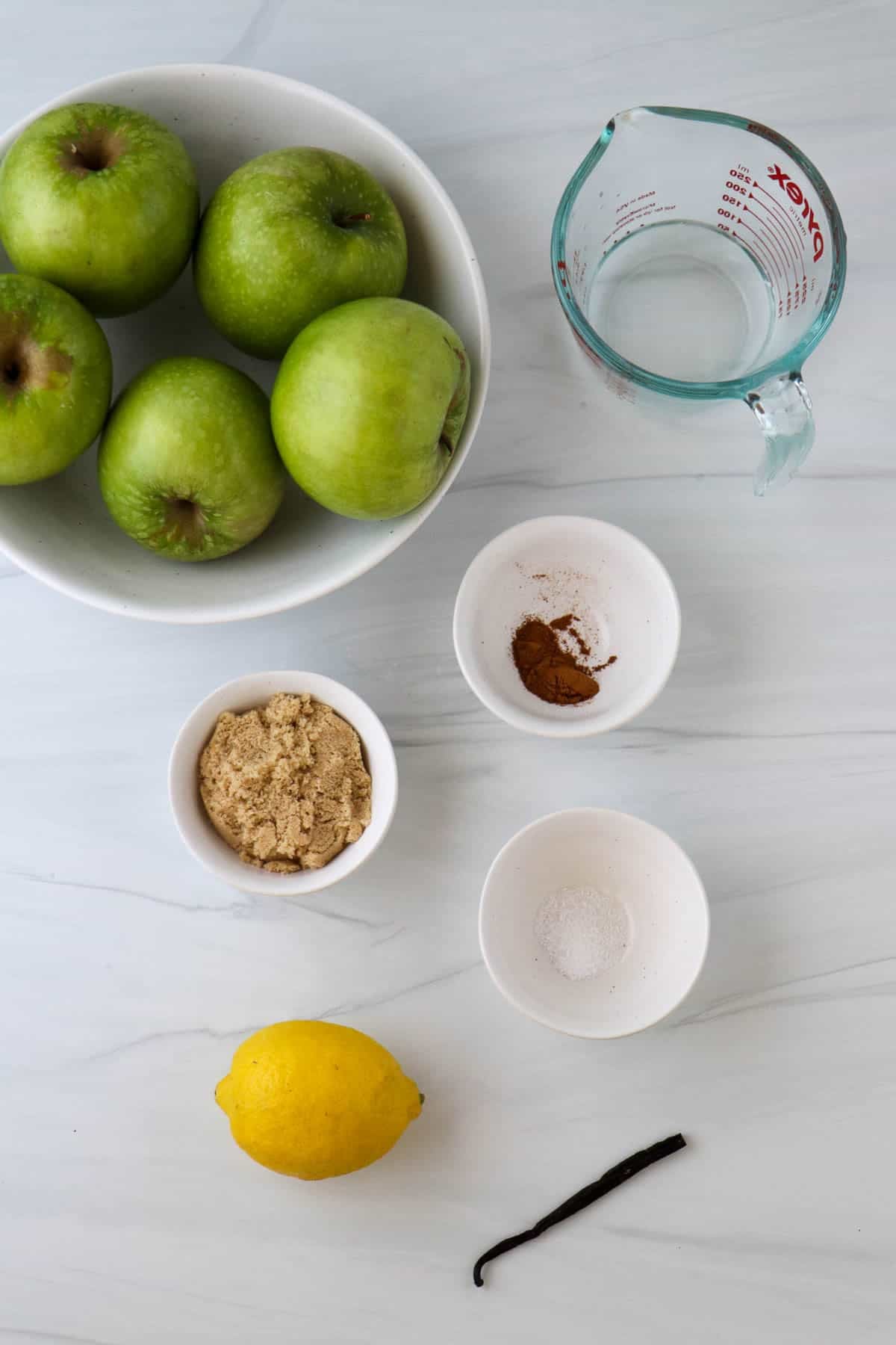 Ingredients needed to make Easy Apple Compote: apples, water, brown sugar, cinnamon, lemon, and vanilla bean or extract.